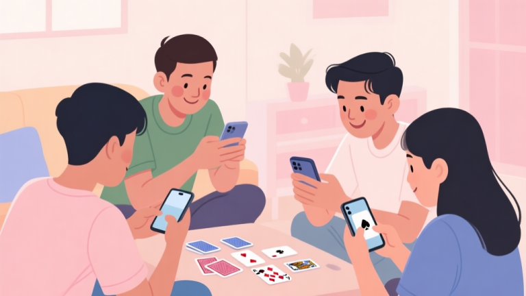 自动生成图片: Indonesian young adults playing card games on mobile devices in casual setting, soft pastel colors, friendly atmosphere high quality illustration, detailed, 16:9