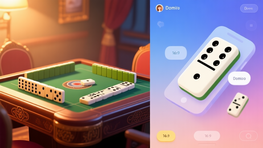 Split composition showing traditional domino game in warm lighting on left side and modern digital domino interface on right side, soft color transition between both sides high quality illustration, detailed, 16:9