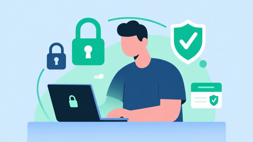 Minimalist illustration of a person setting up secure online gaming environment with laptop, lock icons, and verification symbols, soft blue and green color scheme high quality illustration, detailed, 16:9