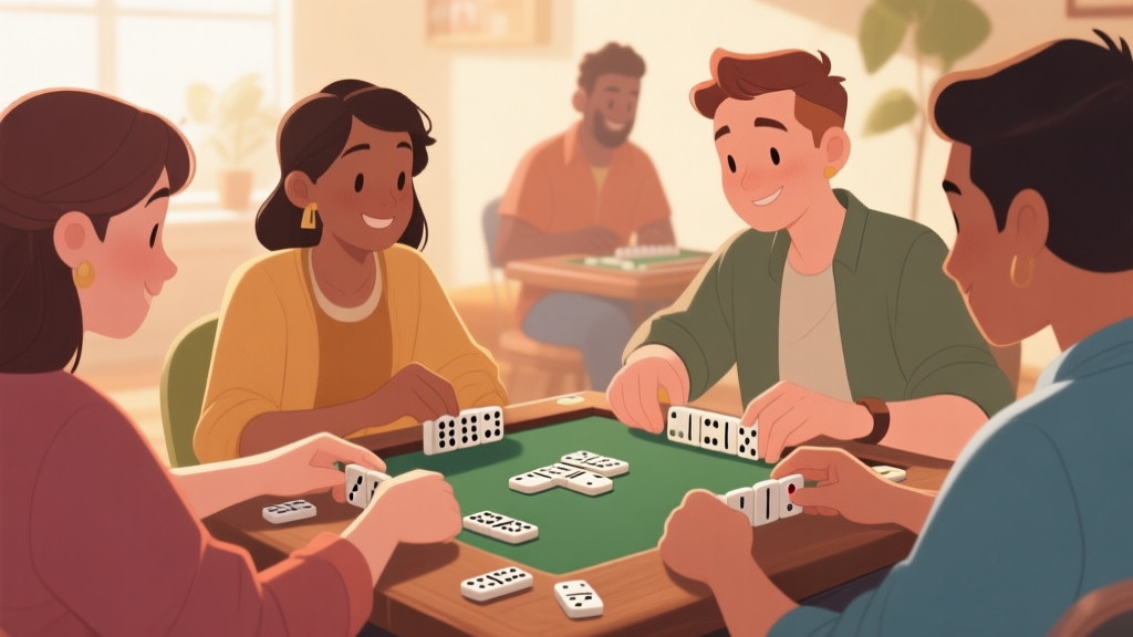 Diverse group of people playing domino games together in casual setting, warm and inviting atmosphere, soft natural lighting high quality illustration, detailed, 16:9