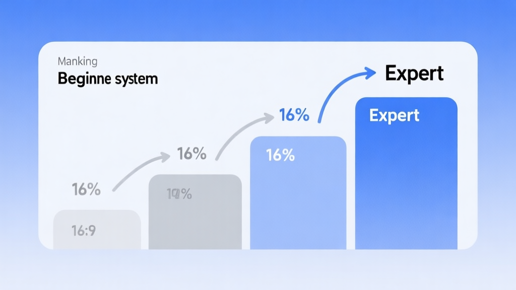 Minimalist ranking system visualization showing progression levels from beginner to expert, with clean arrows and percentage indicators, soft blue and grey color palette high quality illustration, detailed, 16:9