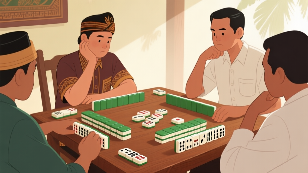 Illustration of domino gaple game setup with players contemplating their moves, soft natural lighting, traditional Indonesian setting, domino tiles arranged on wooden table high quality illustration, detailed, 16:9