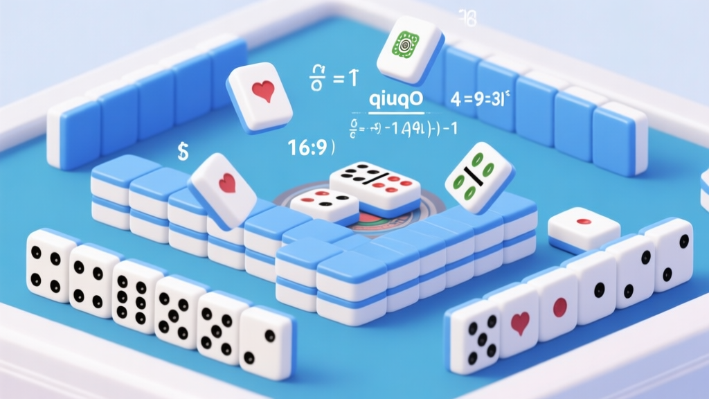 Professional domino qiuqiu game setup with probability calculations overlay, soft blue and white color scheme, mathematical symbols floating around domino pieces high quality illustration, detailed, 16:9
