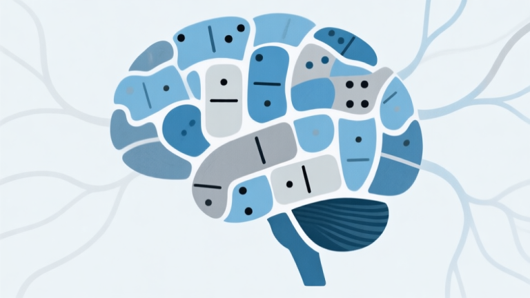 自动生成图片: Abstract illustration of domino pieces forming a brain shape, soft blue and grey color scheme, minimalist design with subtle neural connections high quality illustration, detailed, 16:9