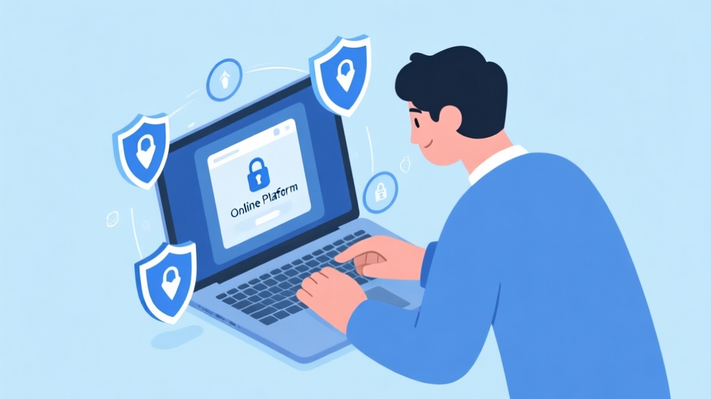 Illustration of a person carefully selecting a secure online platform on laptop, with shield icons and security symbols around the screen, soft blue color scheme high quality illustration, detailed, 16:9