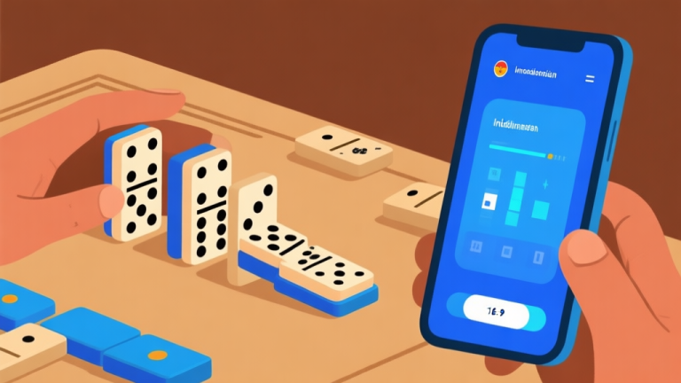 自动生成图片: Illustration of traditional Indonesian domino game transitioning to digital platforms, showing physical domino pieces transforming into digital interface, warm earthy tones with modern blue accents high quality illustration, detailed, 16:9