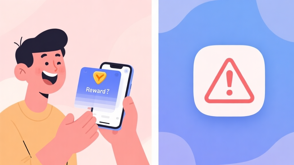 A split-screen illustration showing a cheerful person receiving a digital reward notification on a phone on one side, and a suspicious-looking app icon with a warning sign on the other, using a soft pastel color palette high quality illustration, detailed, 16:9