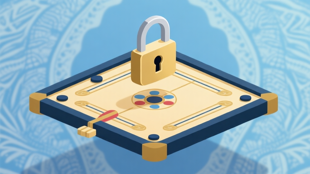 A secure digital lock icon hovering over a stylized carrom board, with subtle Indonesian batik patterns in the background, soft blue and gold color scheme, flat design high quality illustration, detailed, 16:9