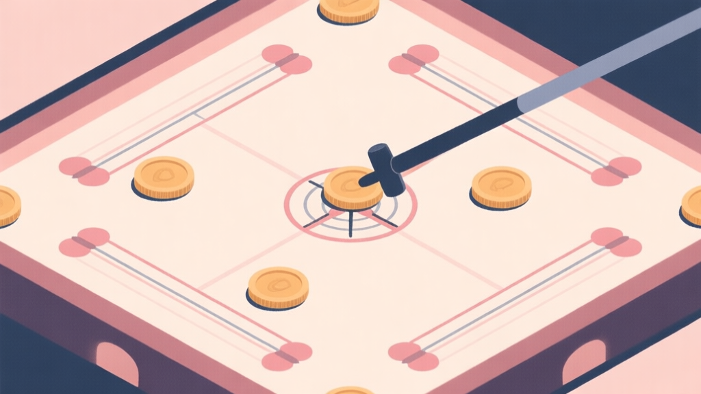 Top-down view of a Carrom board with a striker hitting a coin, causing a chain reaction with other coins, minimalist illustration with soft pastel colors high quality illustration, detailed, 16:9