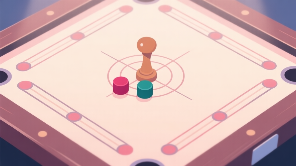 A top-down view of a carrom board with a striker, queen, and two color pieces arranged in a common positional scenario, soft lighting, pastel color scheme, minimalist style high quality illustration, detailed, 16:9