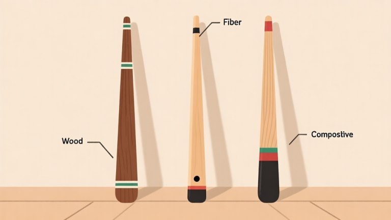 自动生成图片: A minimalist flat design illustration showing three different carrom cues (wood, fiber, composite) standing upright against a soft beige background, with subtle shadows and labels highlighting their material differences high quality illustration, detailed, 16:9