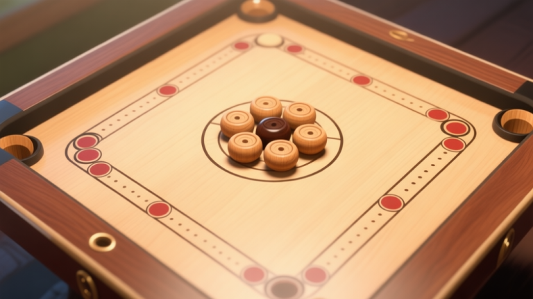 自动生成图片: A top-down view of a classic carrom board with wooden carrom balls arranged in the center, soft natural lighting, warm wood tones, minimalist composition high quality illustration, detailed, 16:9