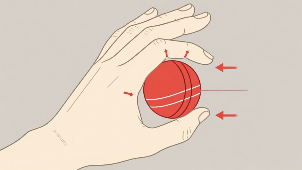 A detailed, minimalist diagram of a cricket player's hand holding a red ball, with arrows indicating finger positions and pressure points for spin, soft beige and grey background high quality illustration, detailed, 16:9