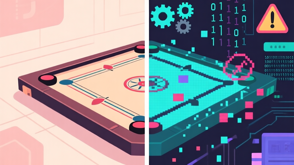 A split-screen illustration showing a smooth Carrom board game on one side and a glitchy, pixelated version with error symbols on the other, with technical icons like gears, warning signs, and binary code in the background, soft color palette high quality illustration, detailed, 16:9