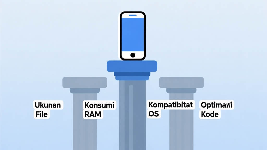 A minimalist infographic showing four pillars labeled "Ukuran File", "Konsumsi RAM", "Kompatibilitas OS", and "Optimasi Kode", with a stable smartphone icon on top, in a soft blue and grey color scheme high quality illustration, detailed, 16:9