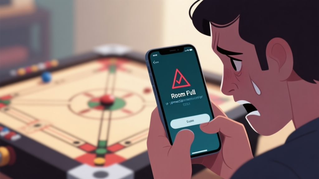 A frustrated mobile gamer looking at a "Room Full" or connection error message on a smartphone screen, with a Carrom board blurred in the background, soft lighting, muted colors high quality illustration, detailed, 16:9