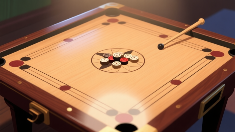 自动生成图片: A top-down view of a classic Carrom board with polished wooden surface, carrom men pieces arranged in the center, a striker at the edge, soft ambient lighting, minimalist style high quality illustration, detailed, 16:9