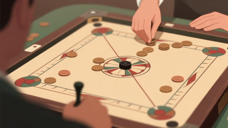 自动生成图片: A top-down view of a carrom board mid-game, showing strategic placement of coins, a striker positioned for a precise shot, soft focus on the player's hands in the background, muted earthy tones high quality illustration, detailed, 16:9