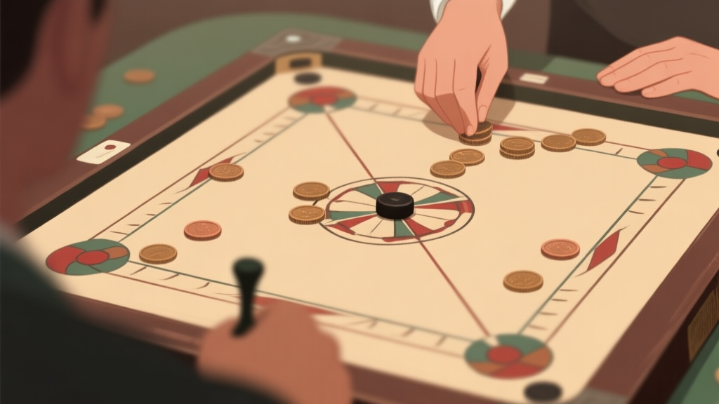 A top-down view of a carrom board mid-game, showing strategic placement of coins, a striker positioned for a precise shot, soft focus on the player's hands in the background, muted earthy tones high quality illustration, detailed, 16:9