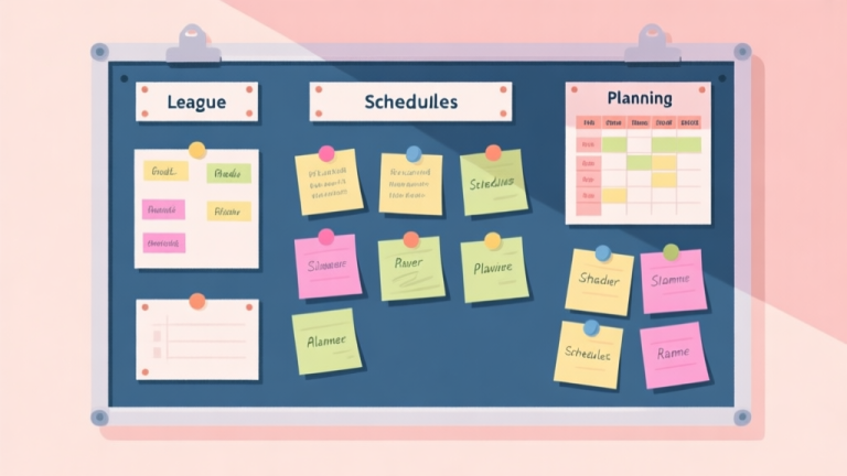 自动生成图片: flat design illustration of a planning board with sticky notes showing league formats, schedules, and player names, soft pastel color scheme high quality illustration, detailed, 16:9
