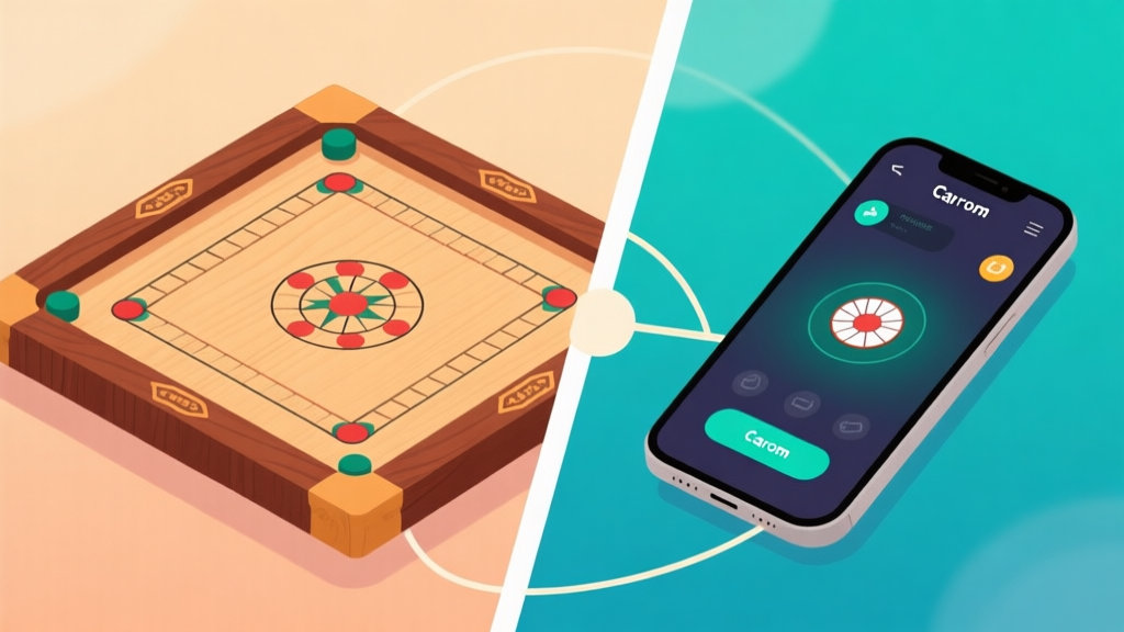A split-screen illustration showing a traditional wooden carrom board on one side and a sleek digital interface of a mobile carrom game on the other, with subtle connecting lines between them, soft warm and cool color contrast high quality illustration, detailed, 16:9