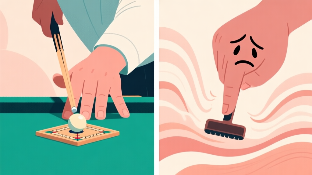 A split-screen illustration showing a calm, focused hand making a precise carrom shot on one side, and a stressed, hesitant hand with a shaky striker on the other, with abstract waves of pressure emanating in the background, soft color palette high quality illustration, detailed, 16:9