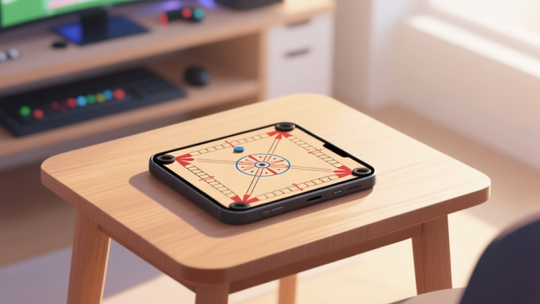 自动生成图片: A serene, well-lit gaming setup with a smartphone displaying a carrom board game on a wooden table, soft natural lighting, minimalist style high quality illustration, detailed, 16:9