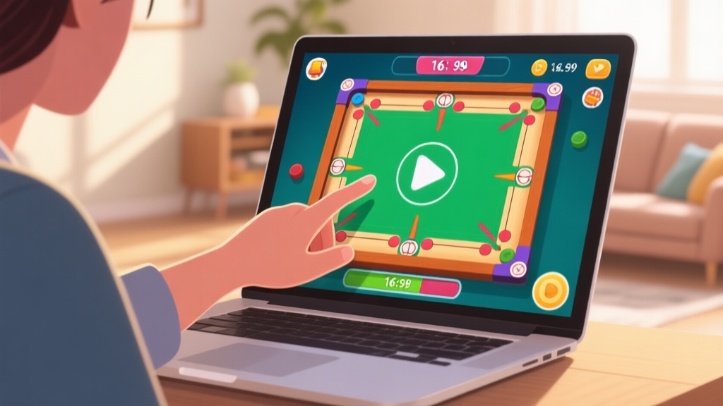 A person's hand clicking a play button on a laptop screen showing a vibrant carrom board game interface, soft natural lighting, cozy home background high quality illustration, detailed, 16:9