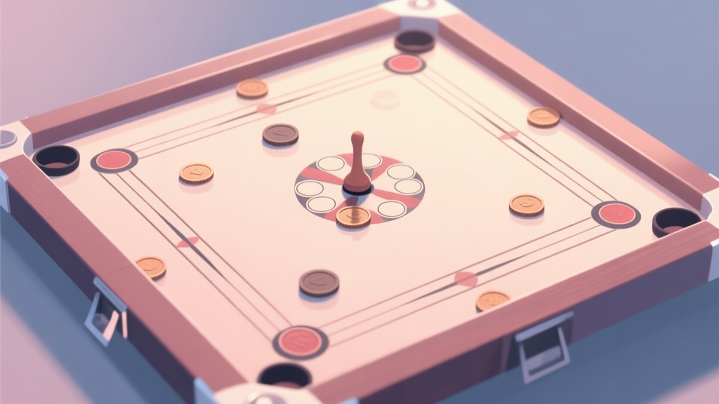 A top-down view of a carrom board with polished surface, striker and coins neatly arranged, soft lighting, minimalist style, pastel color palette high quality illustration, detailed, 16:9