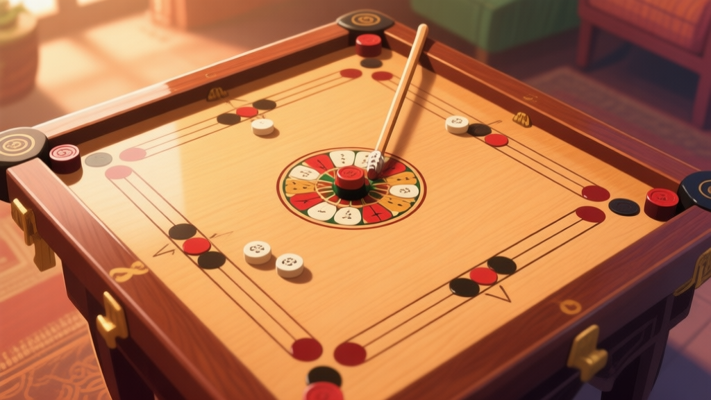 A top-down view of a traditional Carrom board in a warm, inviting setting, with polished wooden surface, carrommen pieces arranged in the center, and a striker ready to be flicked, soft natural lighting, cozy atmosphere high quality illustration, detailed, 16:9