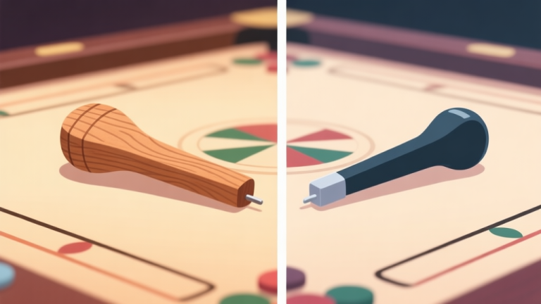 自动生成图片: A split-screen comparison of two carrom strikers, one wooden with visible grain and one sleek polymer, resting on a carrom board surface, soft lighting, flat design style high quality illustration, detailed, 16:9