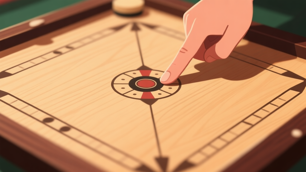 A top-down view of a carrom board with a hand in correct positioning for a basic shot, soft focus on the finger placement, minimalist style with warm wood tones and soft shadows high quality illustration, detailed, 16:9