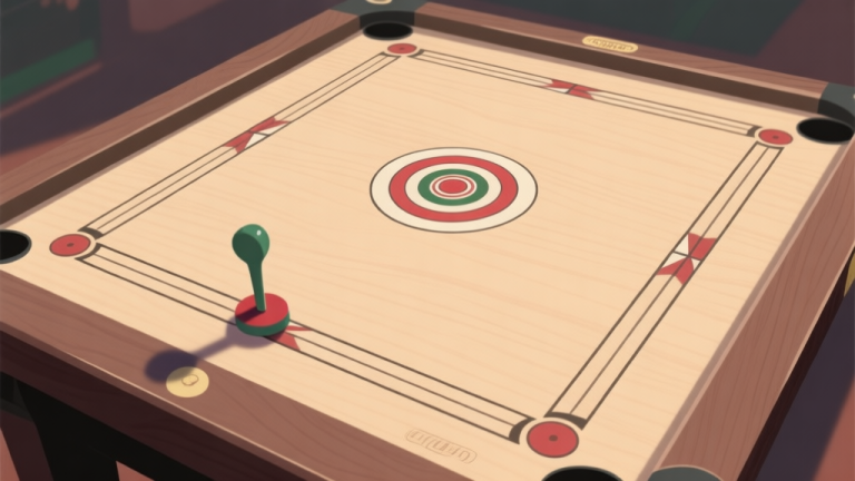 自动生成图片: A top-down view of a carrom board with a striker at one end and a target piece at the far opposite corner, soft shadows, muted wood tones, focused composition high quality illustration, detailed, 16:9