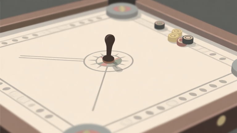 自动生成图片: A top-down view of a carrom board with a striker positioned for a close-range shot, soft focus on the striker and a nearby carrom men, minimalist illustration with a calm color palette of beige and light grey high quality illustration, detailed, 16:9