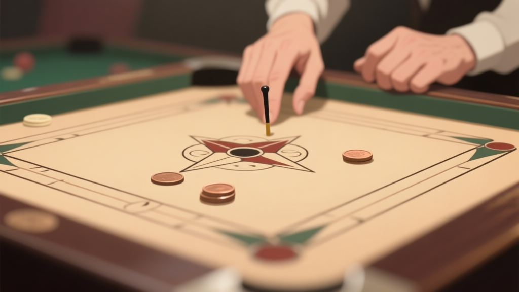 A serene, top-down view of a Carrom board with a striker and coins in soft focus, a player's hands in the background showing slight tension, muted earthy tones and soft lighting high quality illustration, detailed, 16:9