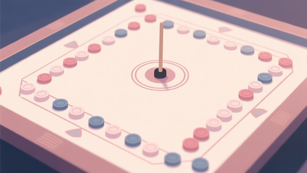 A clean, minimalist top-down view of a carrom board with pieces neatly arranged, soft lighting, pastel colors, focus on the center circle and striker placement high quality illustration, detailed, 16:9