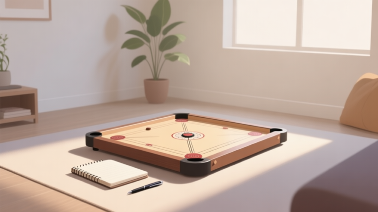 自动生成图片: A serene, minimalist home practice space for carrom, with a board under soft light, a notebook and pen beside it, and a plant in the background, soft neutral color palette, peaceful atmosphere high quality illustration, detailed, 16:9