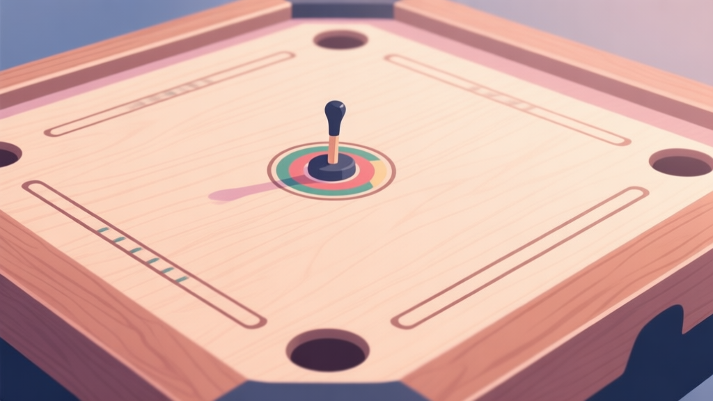 A close-up, flat design illustration of a high-quality carrom board surface, showing smooth wooden texture, precise corner pockets, and a striker resting on the board, soft natural lighting, pastel color palette high quality illustration, detailed, 16:9