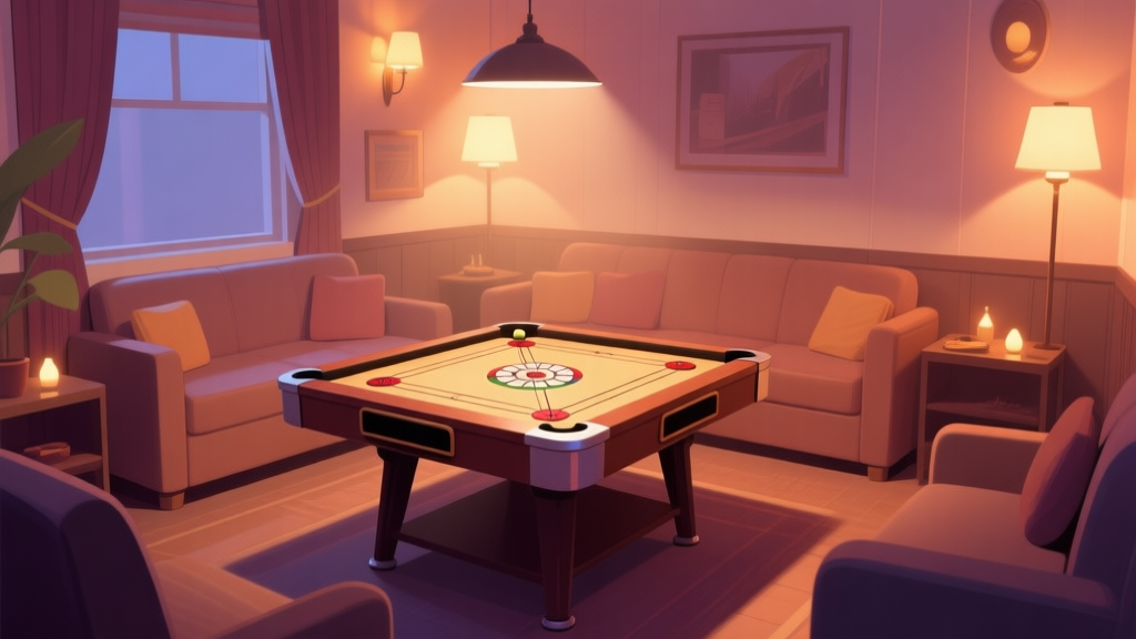 A cozy, well-lit private room setup for a carrom tournament, showing a carrom board on a stable table, comfortable seating around it, and subtle decorative lighting, in a warm and inviting color palette high quality illustration, detailed, 16:9