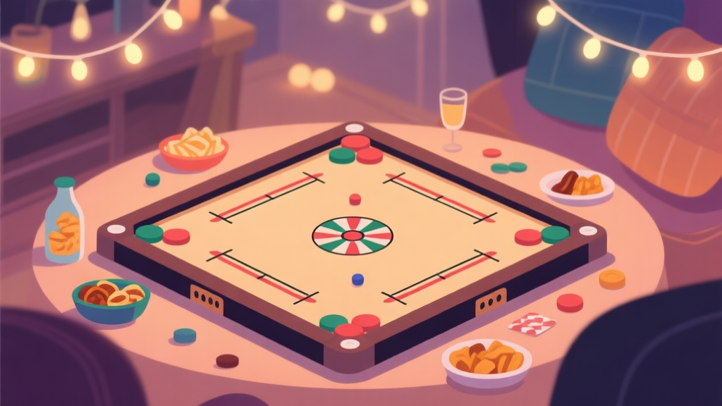 A cozy and inviting game night scene with a carrom board at the center, surrounded by subtle decorative elements like fairy lights and snacks, in a warm and soft color palette, flat illustration style high quality illustration, detailed, 16:9