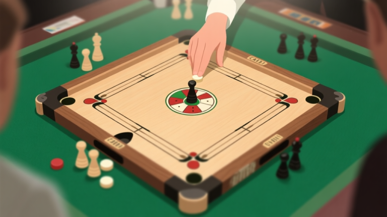 自动生成图片: A top-down view of a Carrom board in a tournament setting, pieces strategically positioned, with soft focus on the center and a player's hand about to make a calculated shot, muted wood tones and green felt background high quality illustration, detailed, 16:9
