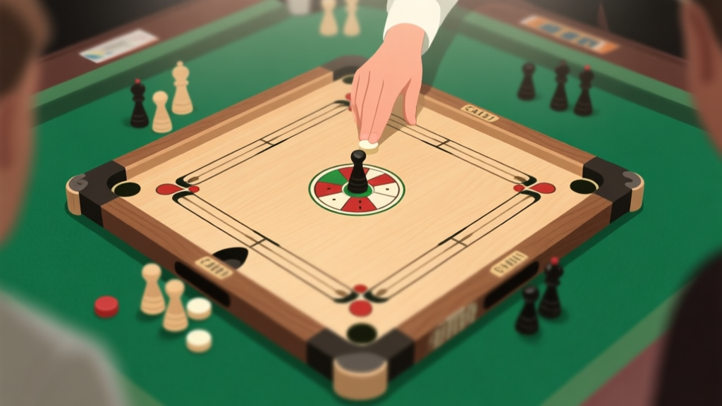 A top-down view of a Carrom board in a tournament setting, pieces strategically positioned, with soft focus on the center and a player's hand about to make a calculated shot, muted wood tones and green felt background high quality illustration, detailed, 16:9