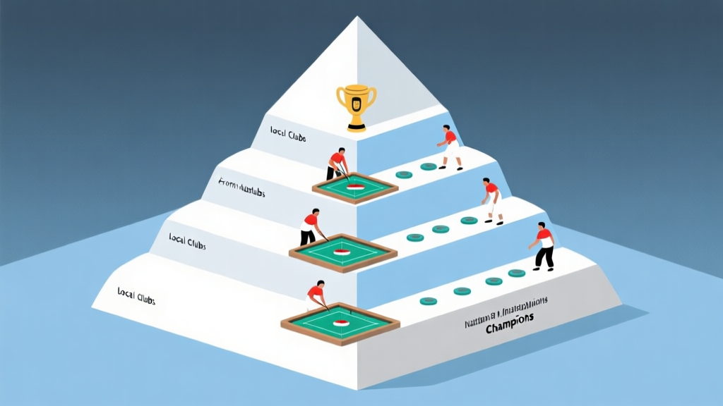 A clean, minimalist infographic showing a pyramid structure with Indonesian carrom players at different levels, from local clubs to national champions, using a soft color palette of blues and greys high quality illustration, detailed, 16:9