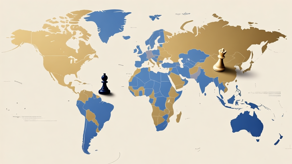 A minimalist world map illustration with highlighted regions in soft gold and blue, Carrom striker and queen pieces placed strategically over continents, soft gradient background high quality illustration, detailed, 16:9