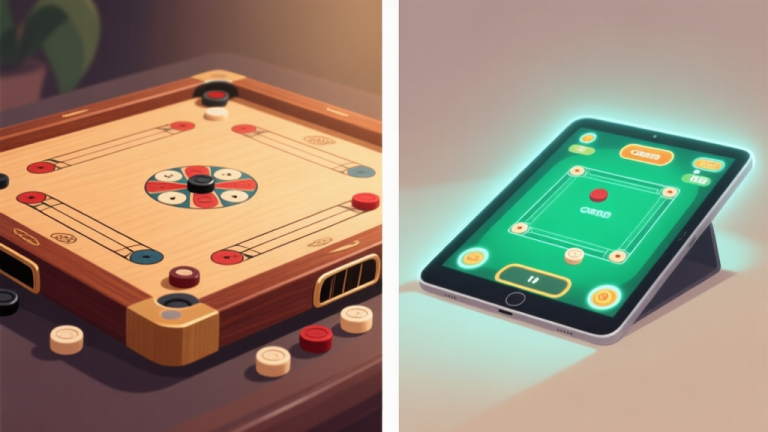 自动生成图片: Split-screen illustration showing a classic wooden carrom board with pieces on one side, and a glowing tablet displaying a digital carrom game on the other, soft lighting, neutral background high quality illustration, detailed, 16:9