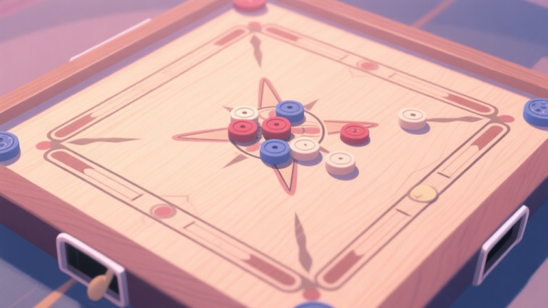 自动生成图片: A top-down view of a classic carrom board with pieces arranged in the center, soft lighting, wooden texture, pastel color scheme high quality illustration, detailed, 16:9