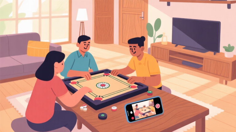 自动生成图片: A vibrant and cozy illustration of a Carrom board being played in a modern Indonesian living room, with soft natural lighting, wooden textures, and a smartphone showing a live stream on the table, in a flat design style with a warm and soft color palette high quality illustration, detailed, 16:9