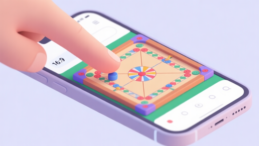 A minimalist smartphone screen showing a vibrant digital carrom board, with a finger poised to flick a striker, soft pastel colors, clean interface high quality illustration, detailed, 16:9