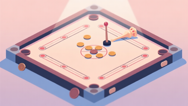 自动生成图片: A top-down view of a carrom board with a striker, queen, and coins neatly arranged, soft lighting, pastel color palette, clean lines, flat design style high quality illustration, detailed, 16:9