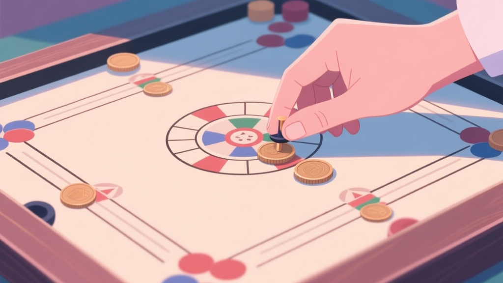 A top-down view of a carrom board with a striker, coins, and a hand in the correct gripping position, soft lighting, pastel color palette, focus on alignment high quality illustration, detailed, 16:9